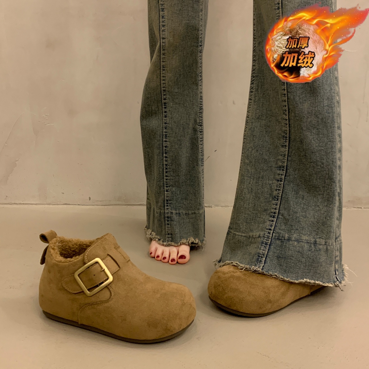 毛毛勃肯鞋女2025年新款冬季加绒加厚棉鞋厚底复古保暖中筒雪地靴主图