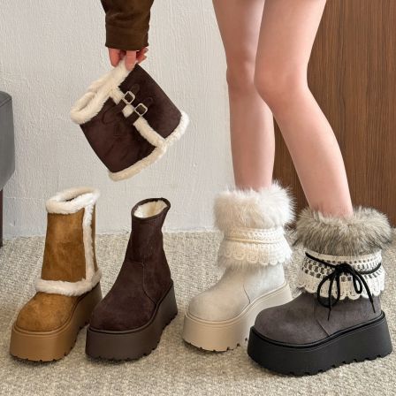 贾不假雪地靴女2025新款冬季加绒保暖棉鞋厚底毛绒增高鞋三穿短靴