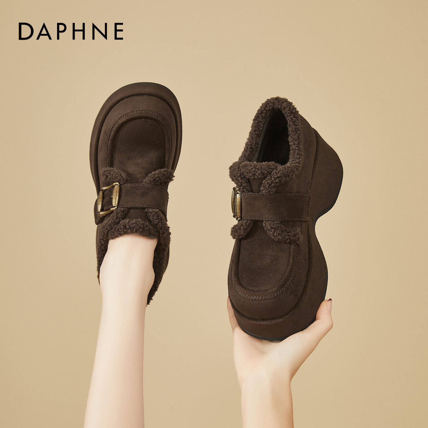 达芙妮厚底勃肯鞋女款2025新款冬季加绒加厚保暖棉鞋女复古乐福鞋主图