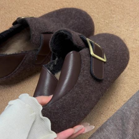 羊皮版~法式高级感棕色厚底勃肯鞋女通勤真皮两穿加绒包头半拖鞋