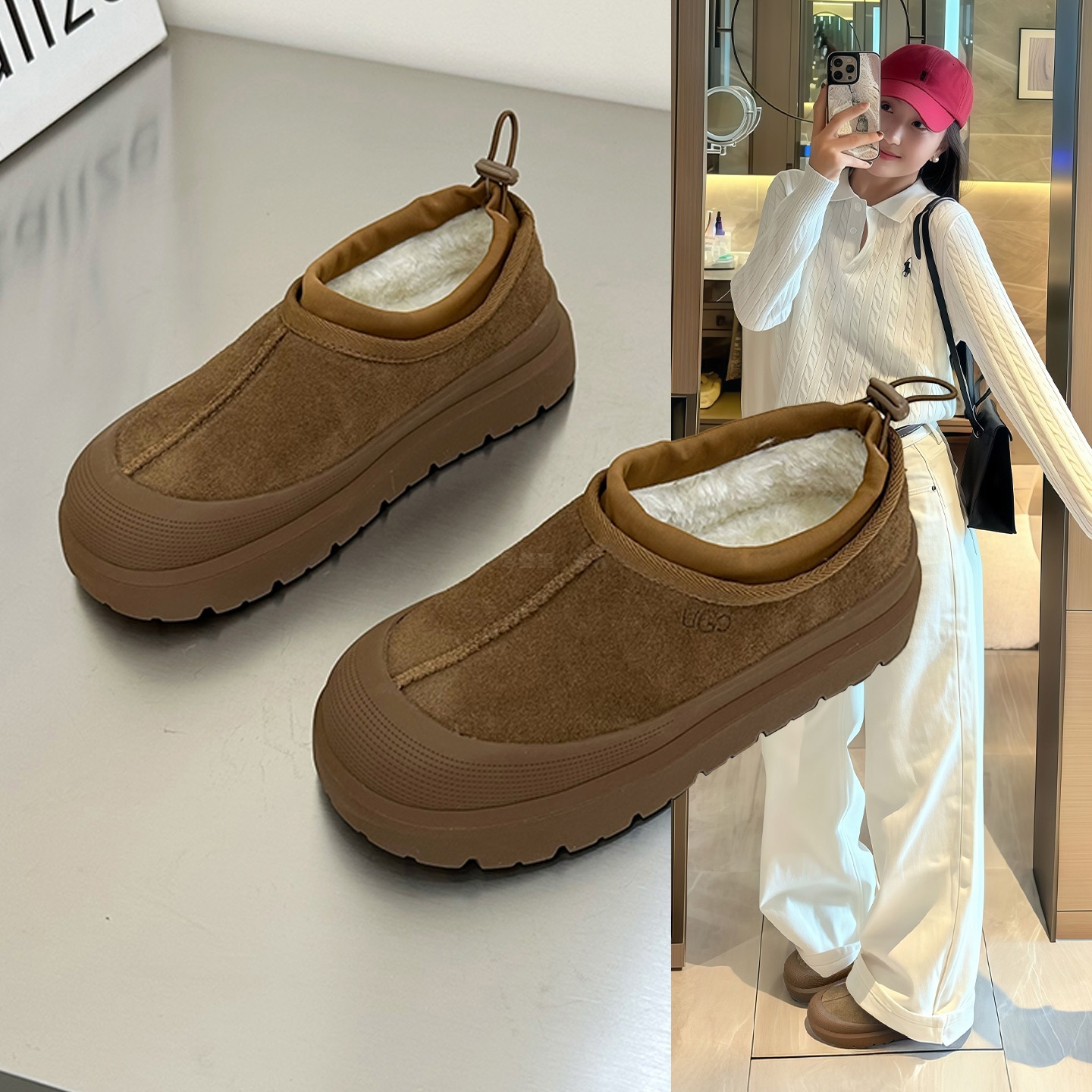 叁里真皮厚底勃肯雪地靴女2025冬新款百搭防滑面包鞋短筒保暖棉鞋主图