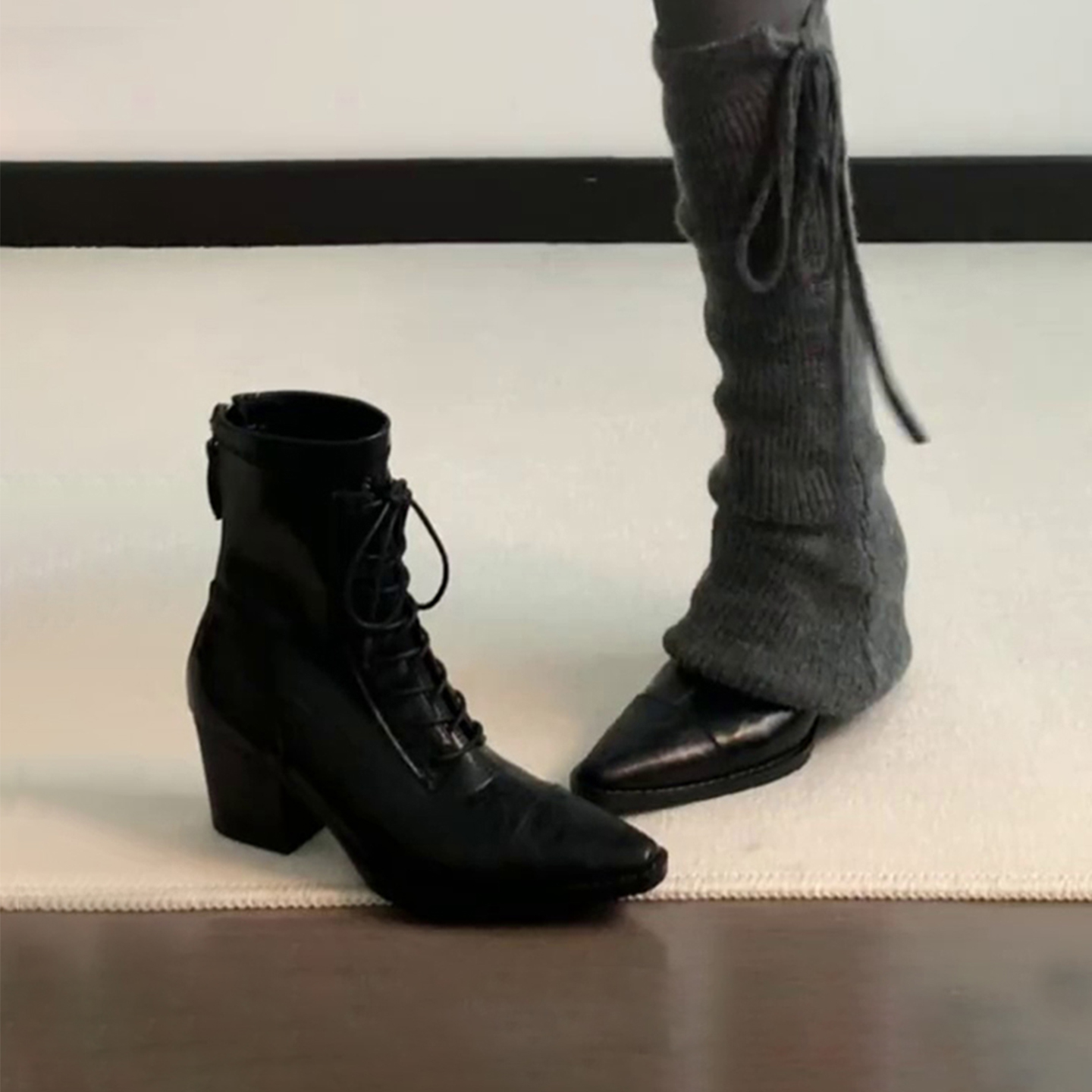 牛皮版~复古英伦风尖头高跟马丁靴系带显瘦小短靴后拉链瘦瘦靴女主图