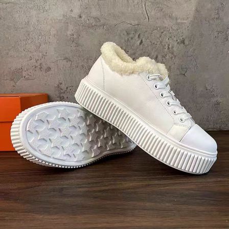 厚底板鞋增高胶粘平跟时尚休闲鞋休闲鞋加绒女士白色2115