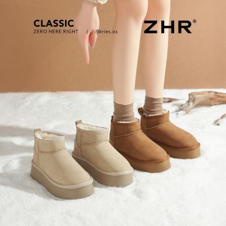 【则则/ZHR】牛剖层皮革 跟高4.5CM 厚底雪地靴P108 驼色/杏色可选