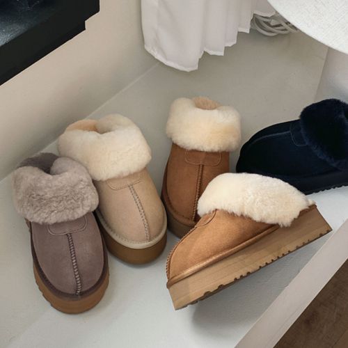 韩版秋冬季女款增高厚㡳皮毛一体包头拖鞋雪地靴保暖牛皮羊毛棉拖主图