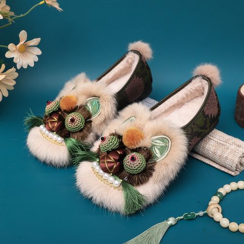 【平底-棉鞋】【只此青绿】一脚蹬国风刺绣手工透气百搭包头虎头鞋主图