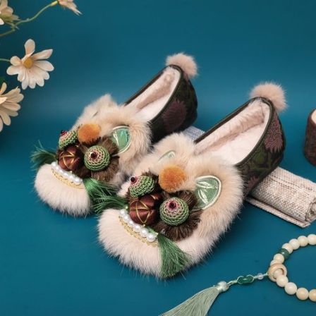 【平底-棉鞋】【只此青绿】一脚蹬国风刺绣手工透气百搭包头虎头鞋