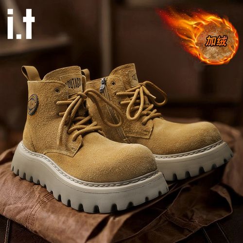 i.t tac冬季男士加绒加厚真皮中帮马丁靴厚底增高男鞋户外工装靴主图