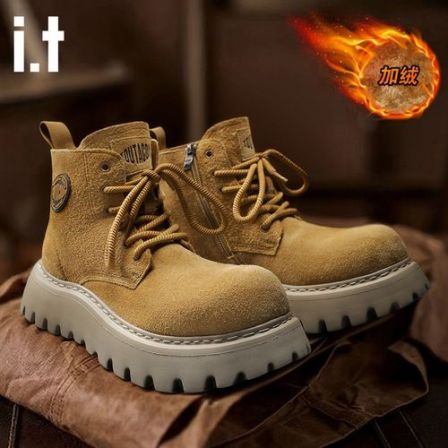 i.t tac冬季男士加绒加厚真皮中帮马丁靴厚底增高男鞋户外工装靴