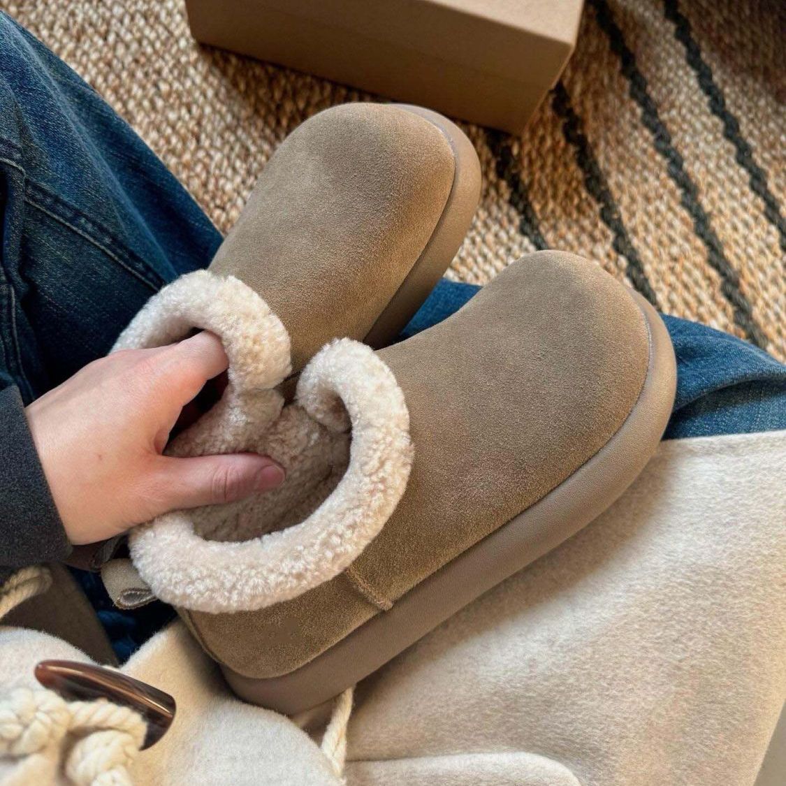 小土豆勃肯鞋男女款冬季加绒大棉鞋雪地靴厚底户外防滑毛毛穆勒鞋主图