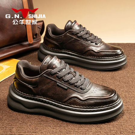 公牛世家男鞋冬季2025新款潮流厚底板鞋男款青年百搭防滑休闲皮鞋