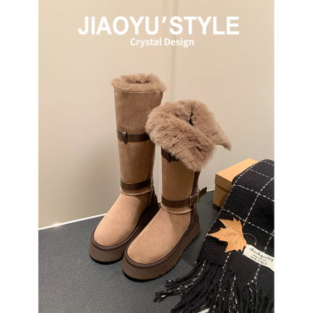 真皮~骄屿雪地靴防滑5cm增高加绒保暖毛毛东北棉鞋两穿长筒靴短靴
