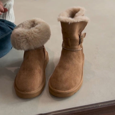 羊皮版~时髦百搭厚底雪地靴女复古绒面皮带扣两穿厚绒保暖棉靴子