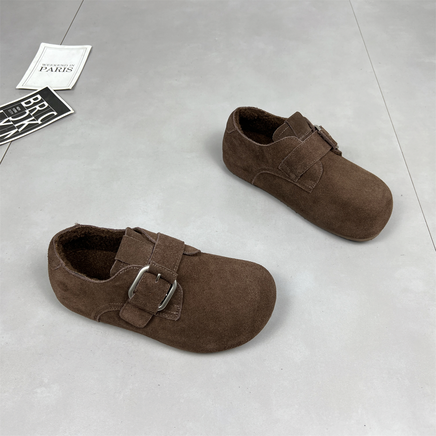 真皮加绒勃肯鞋女2025年冬新款懒人一脚蹬丑萌头平底百搭保暖棉鞋主图