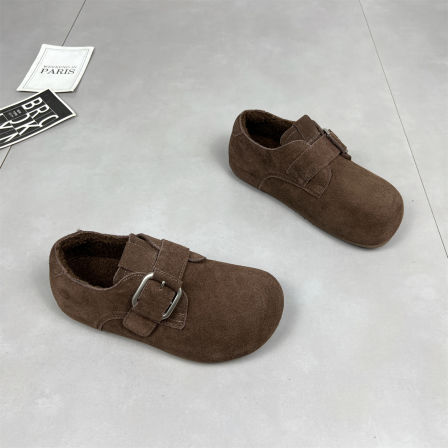 真皮加绒勃肯鞋女2025年冬新款懒人一脚蹬丑萌头平底百搭保暖棉鞋