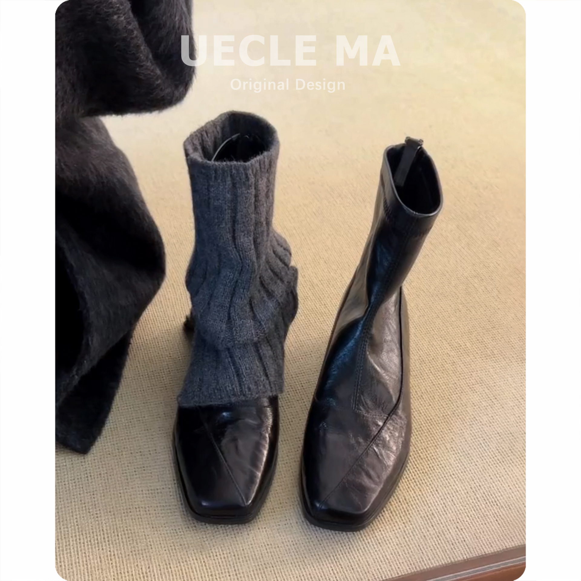 水洗羊皮~通勤低跟方头短靴女粗跟百搭马丁靴真皮秋冬靴子瘦瘦靴主图