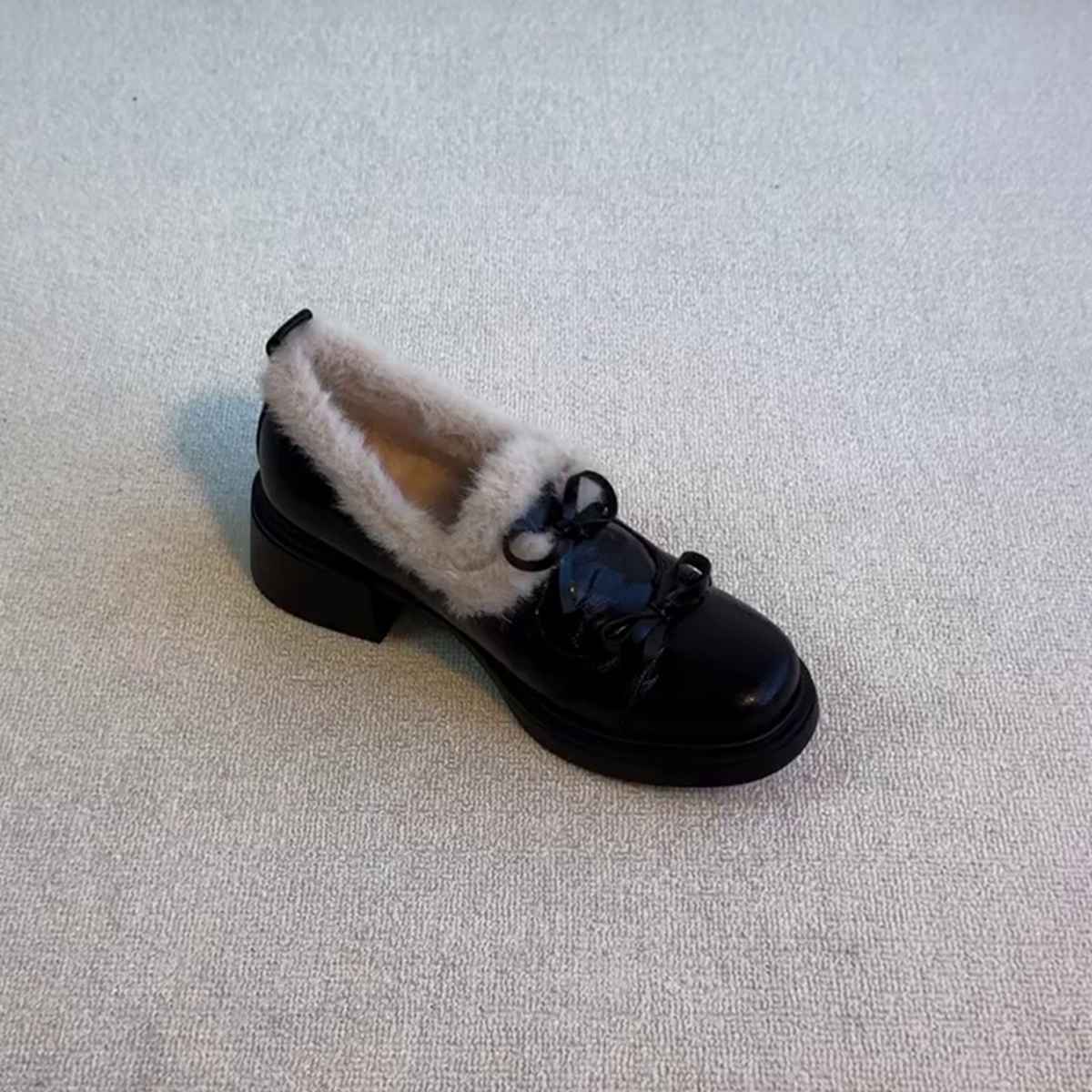 羊皮版~小众设计优雅高级感圆头蝴蝶结粗跟百搭女款加绒小皮鞋主图