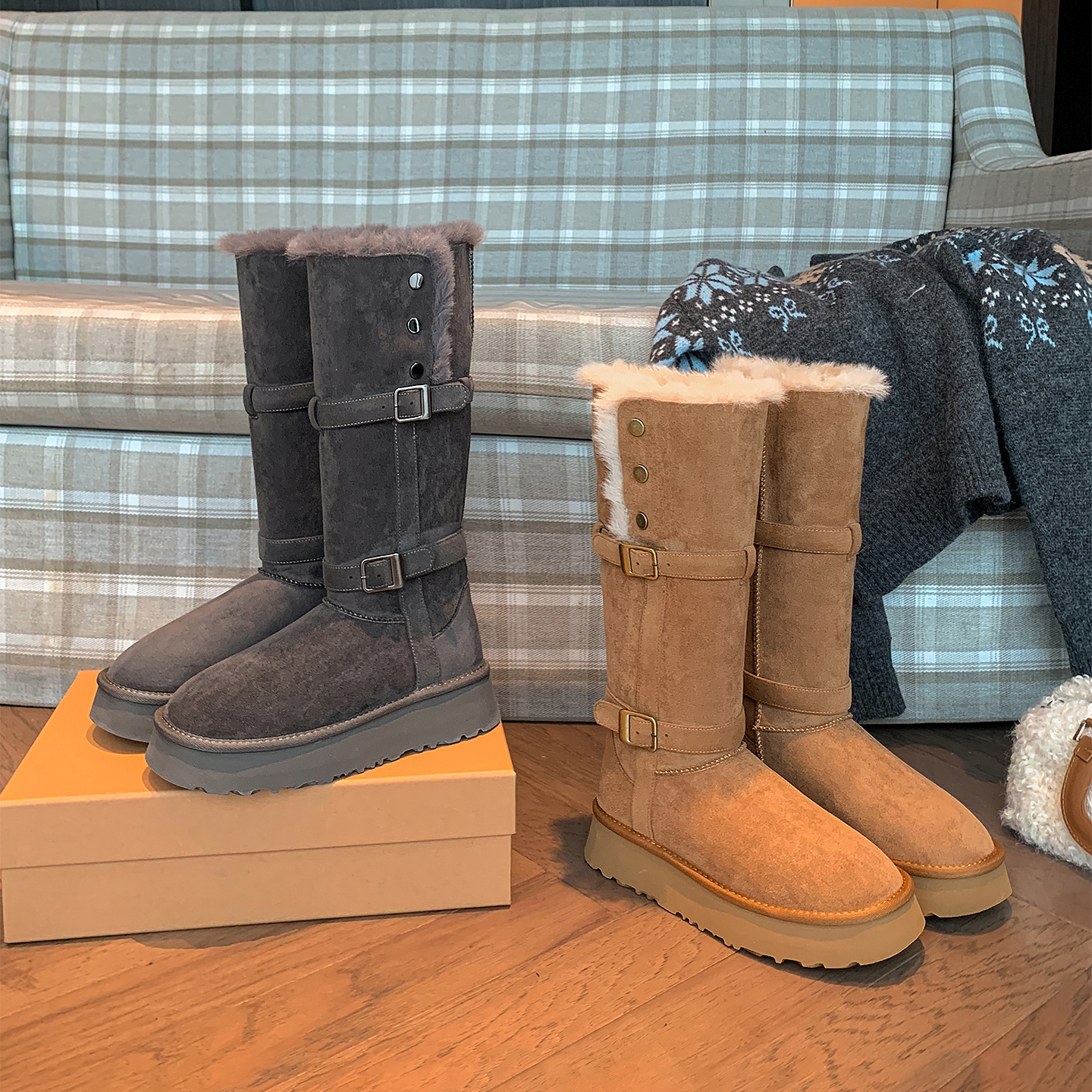 伯爵猫两穿灰色雪地靴女冬季增高厚底长筒靴加绒保暖东北毛毛棉鞋主图