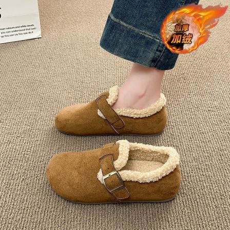 加绒勃肯鞋女2025新款冬带后跟一脚蹬保暖毛毛鞋反绒皮扣带豆豆鞋