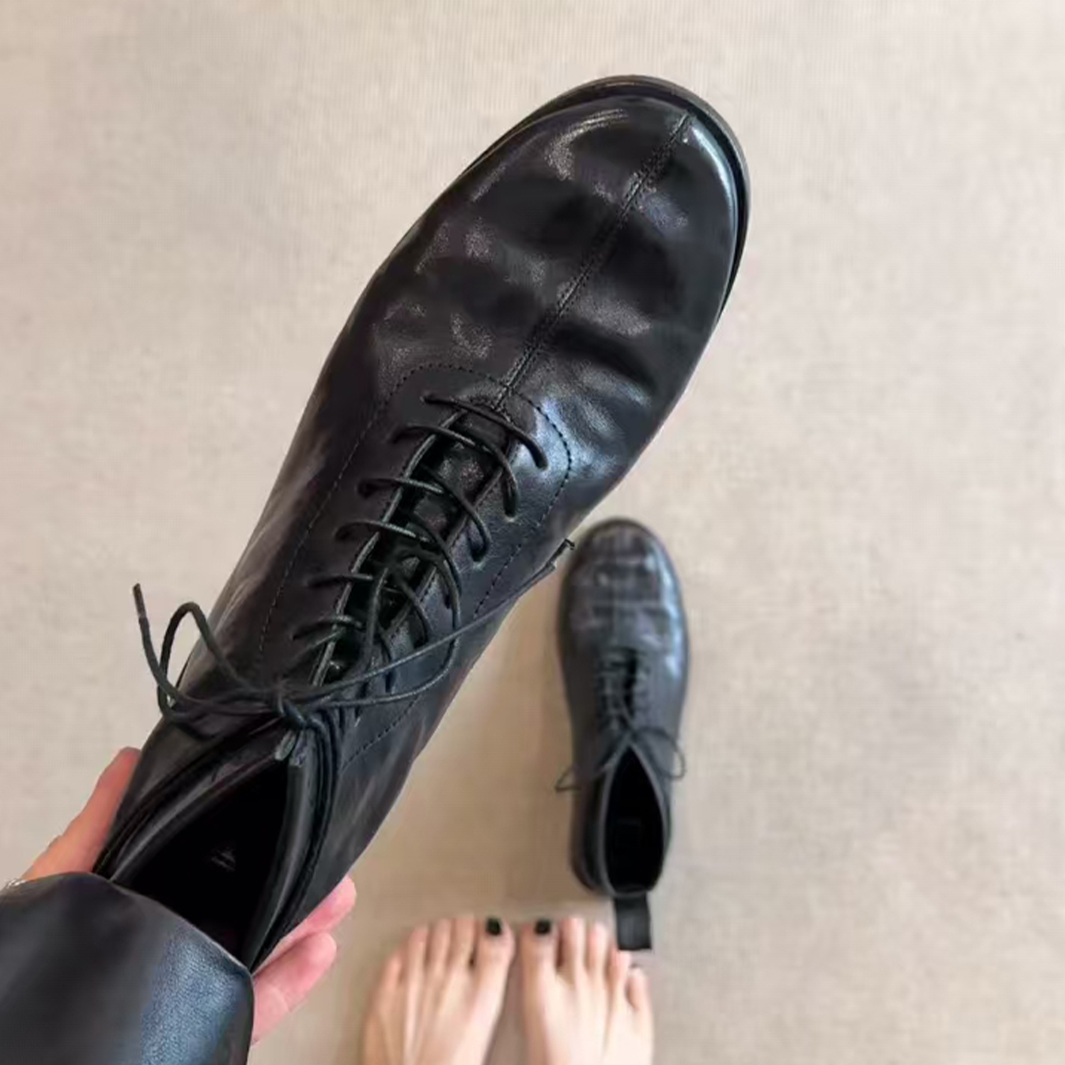 羊皮版~英伦风复古圆头内增高绑带时装靴小众真皮简约百搭马丁靴主图