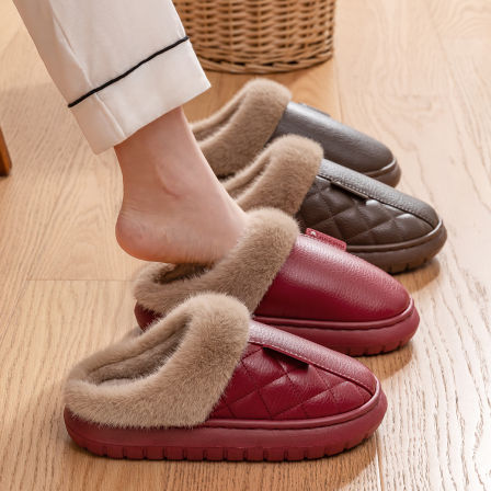 张凯丽老人棉拖鞋冬季2025新款皮面防水棉鞋居家加厚加绒防滑拖鞋