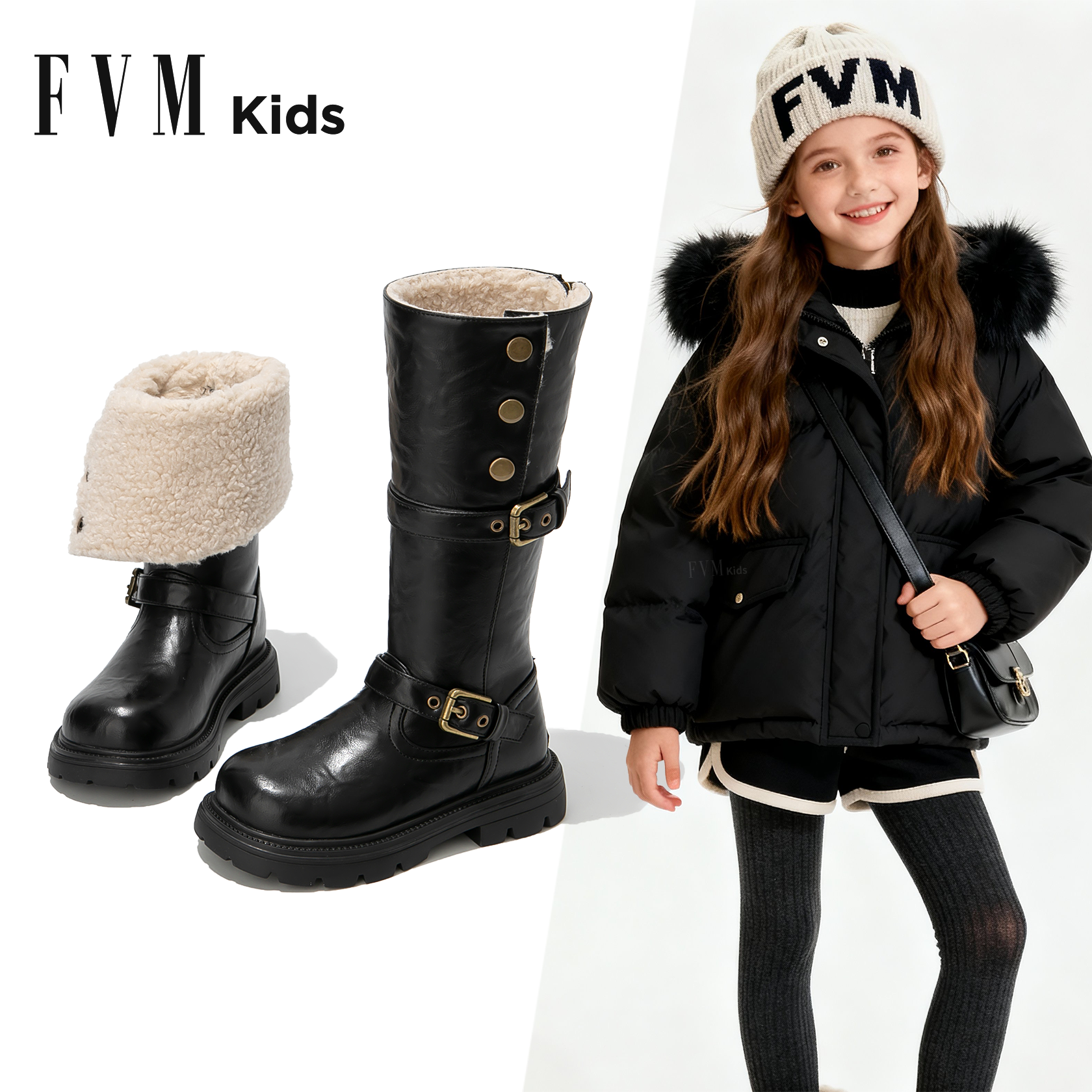 女童靴子儿童马丁长筒长靴2025新款秋冬季加绒加厚高筒皮靴雪地靴主图