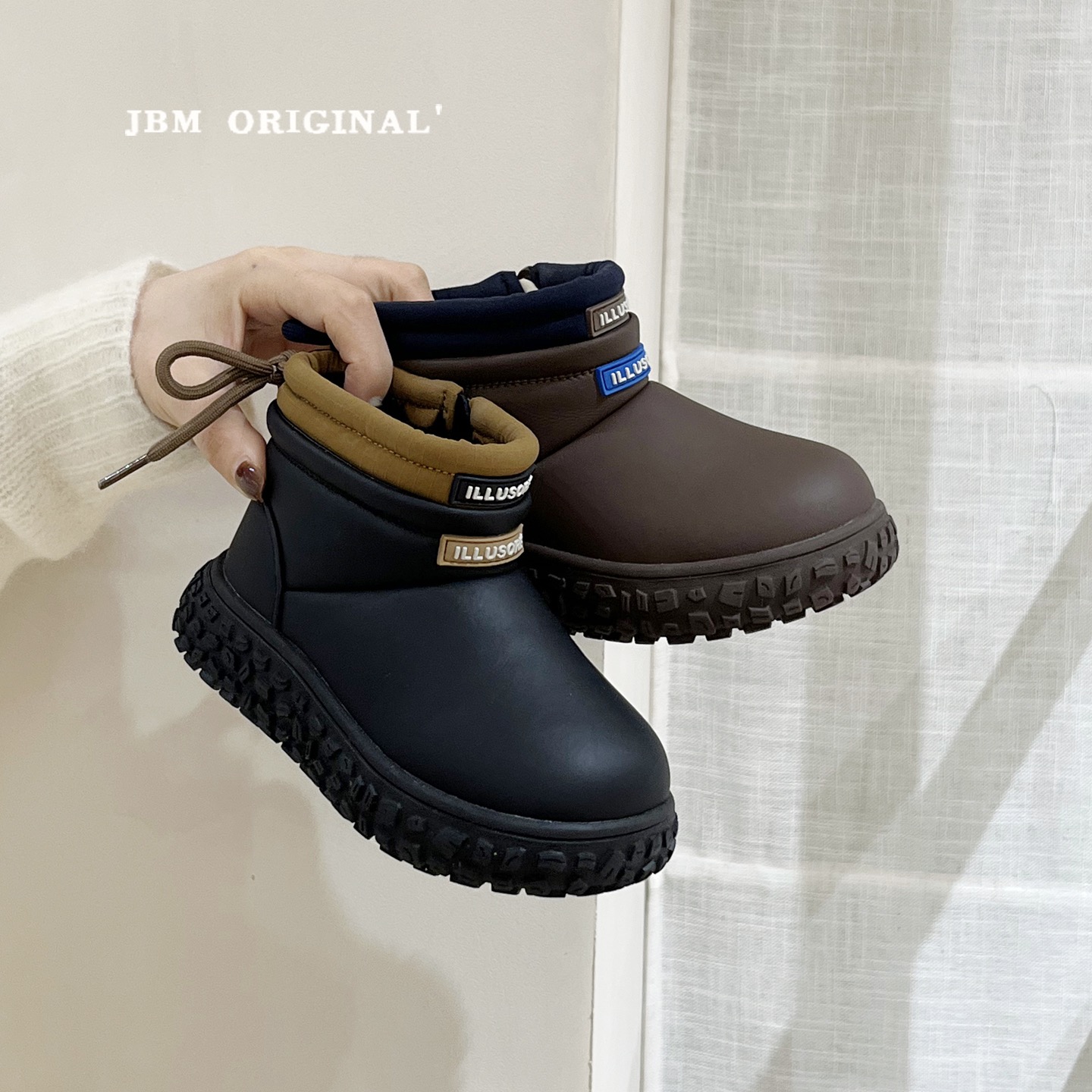 JBM 潮牌冬季儿童防水撞色雪地靴男女中大童休闲轮胎底加绒棉短靴主图