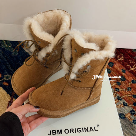 JBM厚绒儿童真皮雪地靴翻边两穿磨砂皮中筒大棉皮靴女童抗寒棉靴