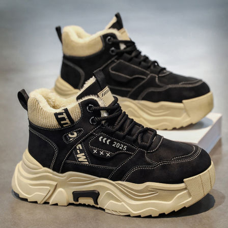 高帮男鞋冬季加绒保暖棉鞋男士皮面工装马丁靴运动休闲厚底老爹鞋