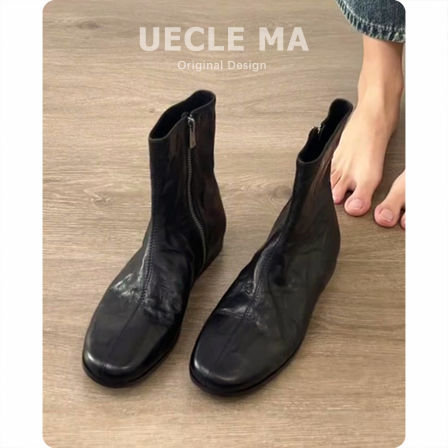 水洗羊皮~法式平底短靴女2025春秋款复古马丁靴小个子洋气瘦瘦靴