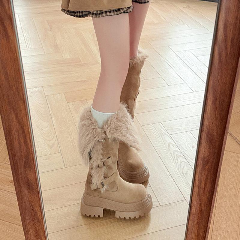 厚底两穿毛毛雪地靴女2025冬季显瘦东北靴子高筒加绒不过膝长筒靴主图