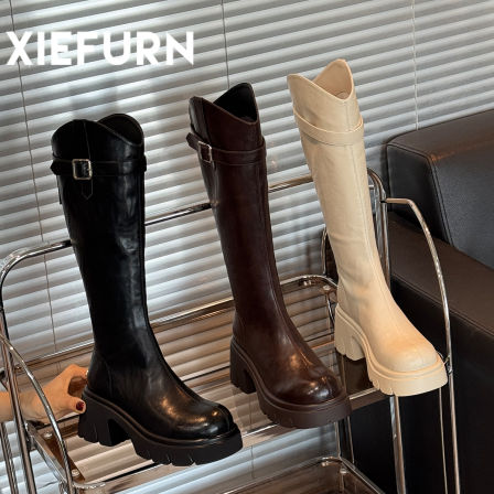 鞋夫人秋季新款v口长筒靴不过膝厚底增高时装靴不掉筒骑士靴