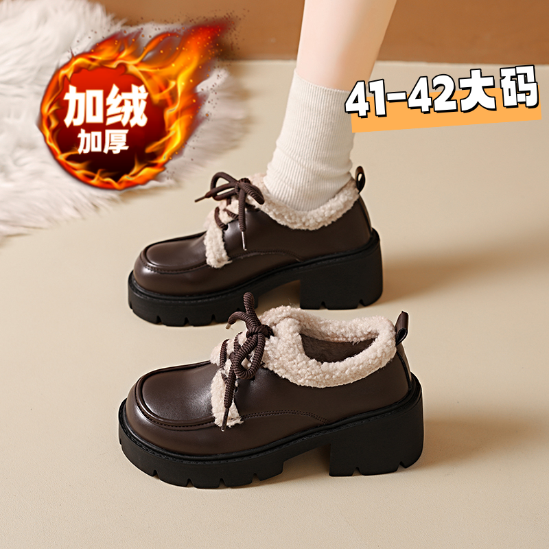 乐福鞋女2025冬新款保暖羊羔毛英伦风加绒小皮鞋厚底棉鞋4142大码主图