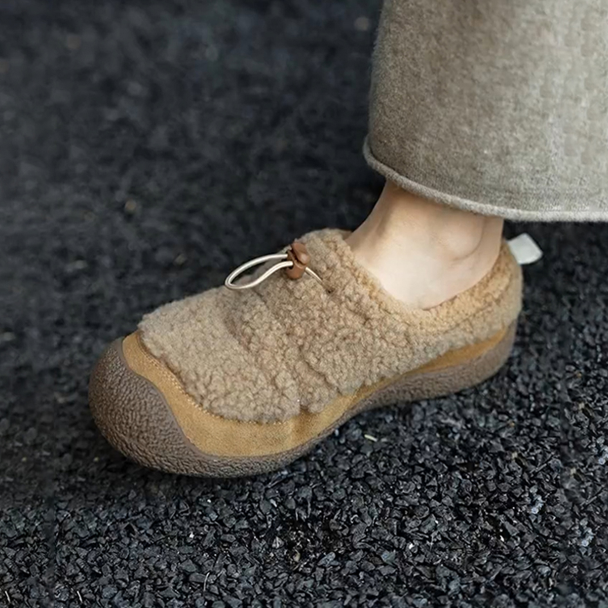 羊皮版~复古软底防滑一脚蹬厚底棉鞋女秋冬时尚外穿包头毛毛拖鞋主图