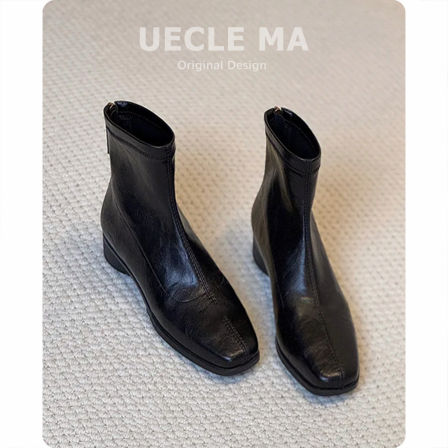 真皮洋气短靴女2025秋冬新款加绒方头马丁靴小个子法式炸街瘦瘦靴