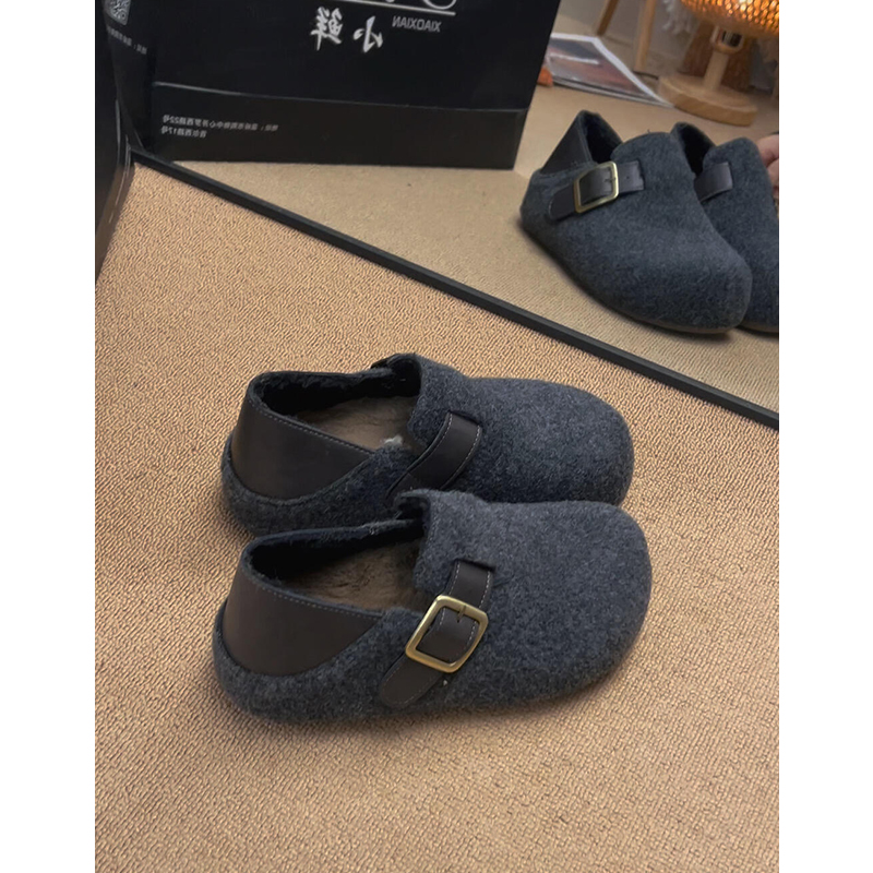 羊毛版~复古圆头内增高两穿勃肯鞋女百搭加绒保暖单鞋毛毛鞋棉鞋主图