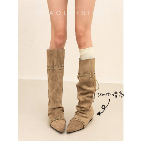 「这靴子太显腿细了」妙侣加绒内增高堆堆尖头长筒靴冬两穿骑士靴