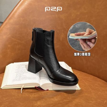 PZP/派中派5和8CM百搭冬季鞋子减震回弹加绒圆头毛茸茸切尔西短靴