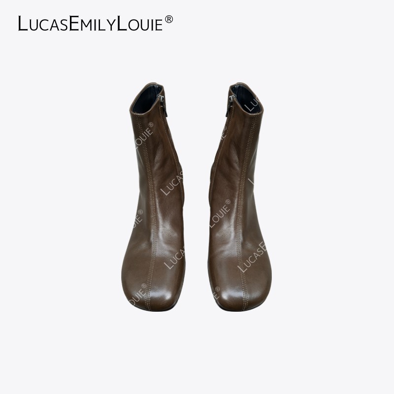 LUCASEMILYLOUIE 欢姐0220复古油蜡牛皮圆头粗跟短筒靴250174主图