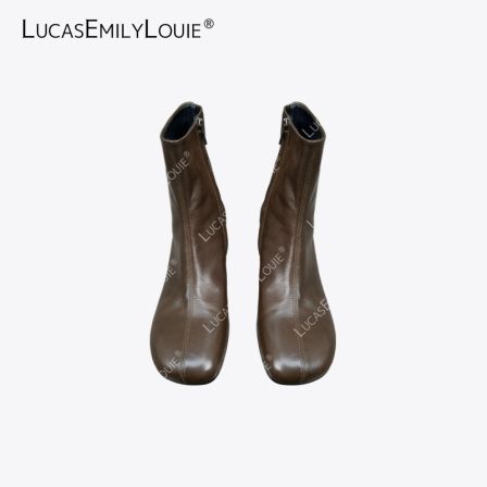 LUCASEMILYLOUIE 欢姐0220复古油蜡牛皮圆头粗跟短筒靴250174