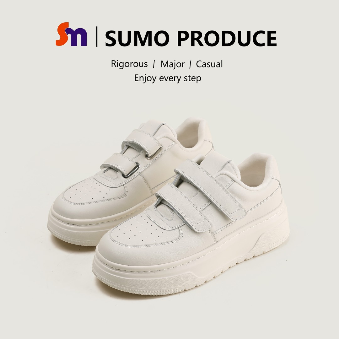 素陌头层牛皮厚底休闲鞋冬季加绒保暖小白鞋魔术贴增高板鞋87082主图