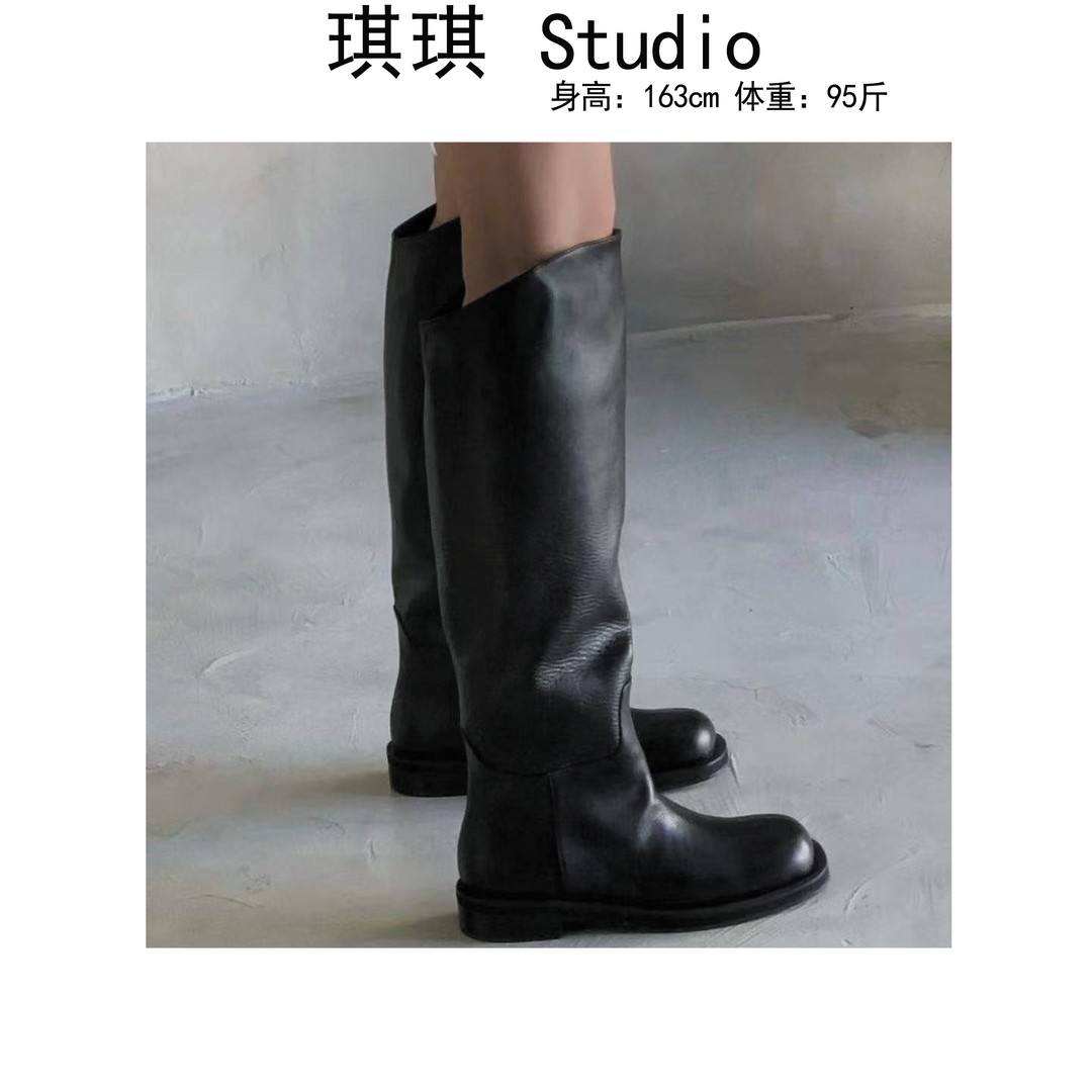 《琪琪家》2025冬季新款黑色经典气质时尚真皮复古百搭时装靴-77主图