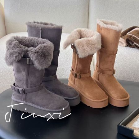 扣带厚底真毛翻边保暖棉鞋中长筒跟高5厘米雪地靴-HGX251133