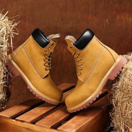 群狼·世家大黄靴男款冬季羊毛保暖中帮英伦马丁靴美式复古工装靴