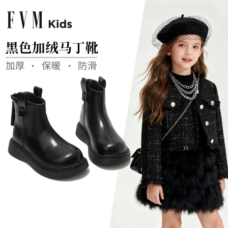 女童靴子儿童马丁靴2025新款秋冬季黑色加绒二棉软底公主风小皮靴