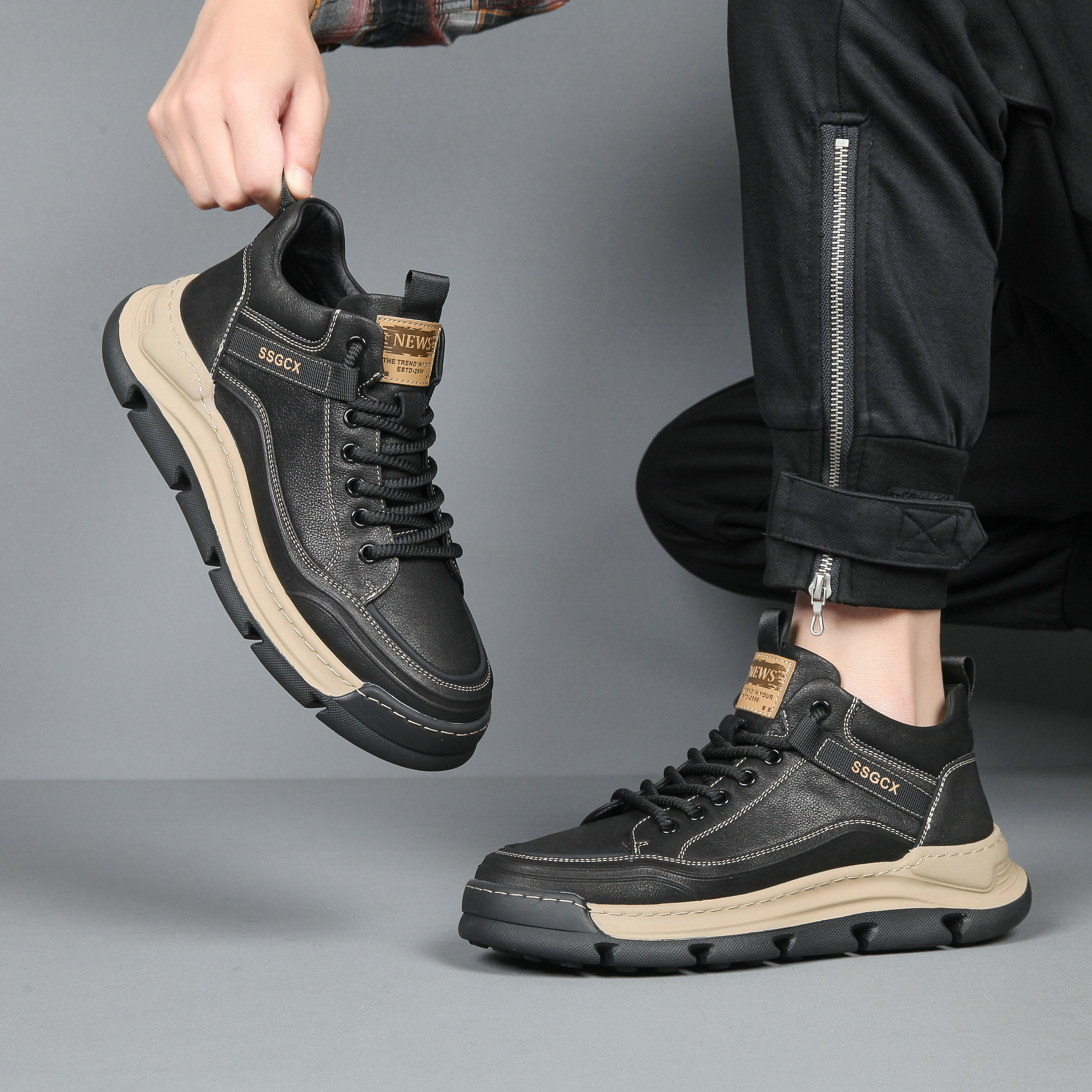 头层牛皮马丁靴欧洲站男款新款秋季高帮运动男士潮流软底真皮短靴主图