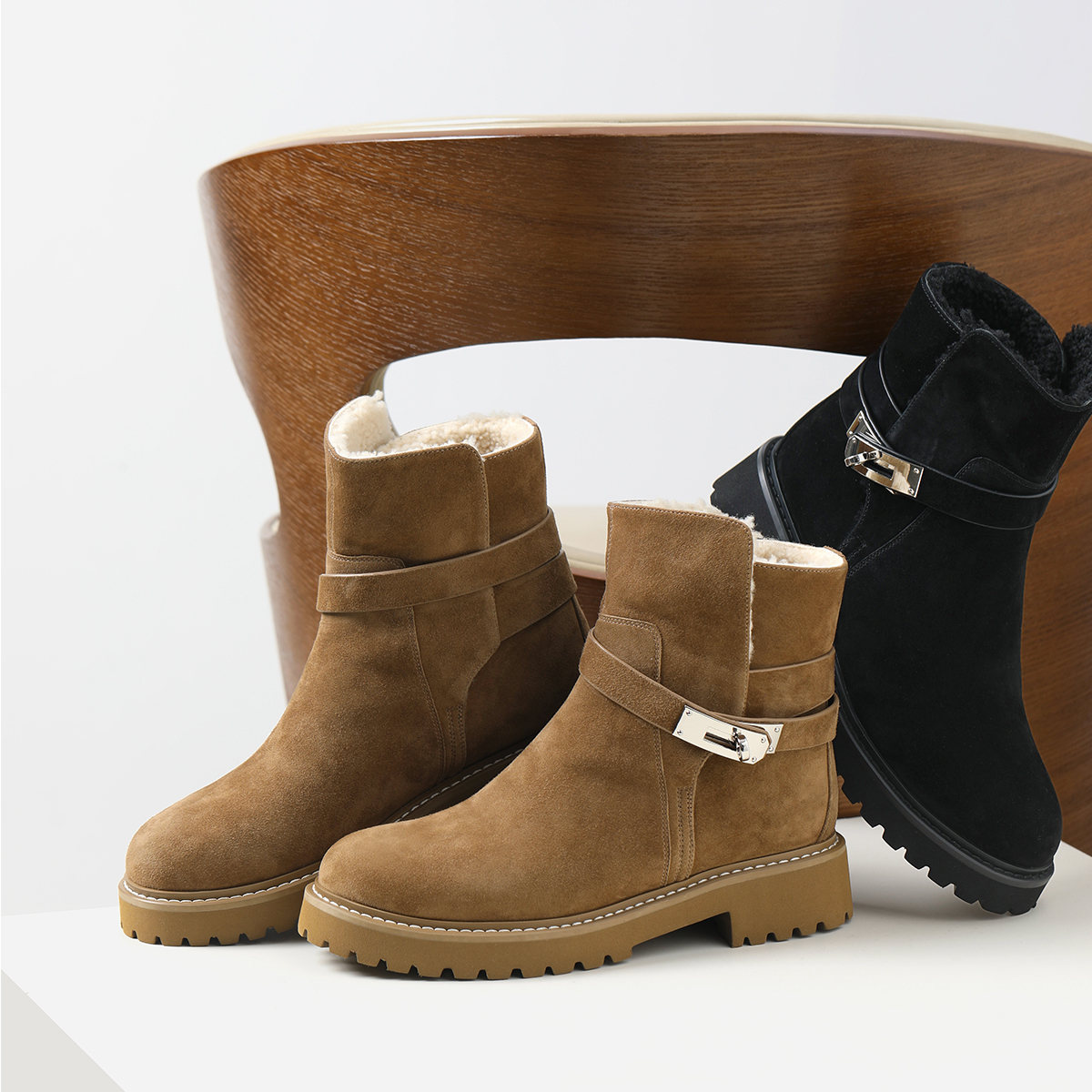 EX08007 茉莉雅集 H家羊猄麂皮羊毛内里保暖高帮及踝带扣雪地靴主图