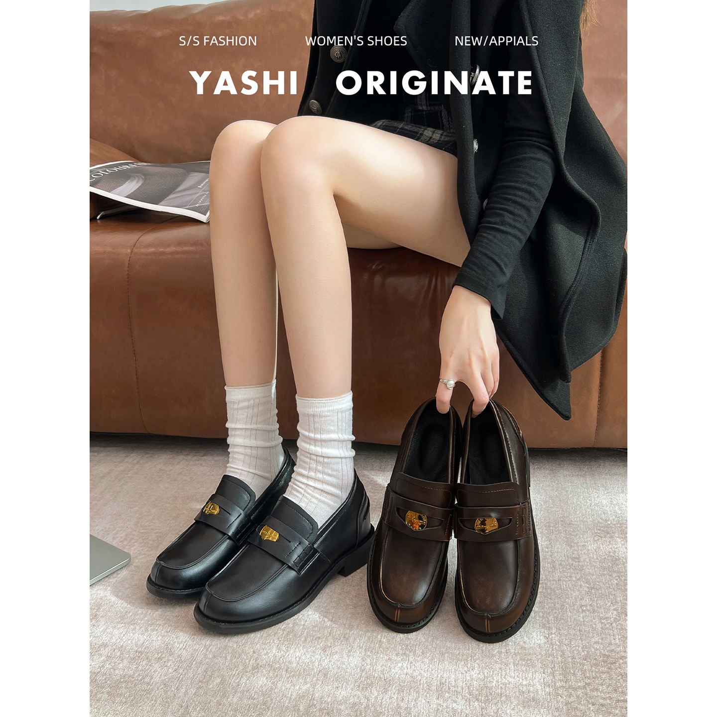 真皮~复古一脚蹬乐福鞋女2025厚底粗跟圆头单鞋百搭英伦风小皮鞋主图