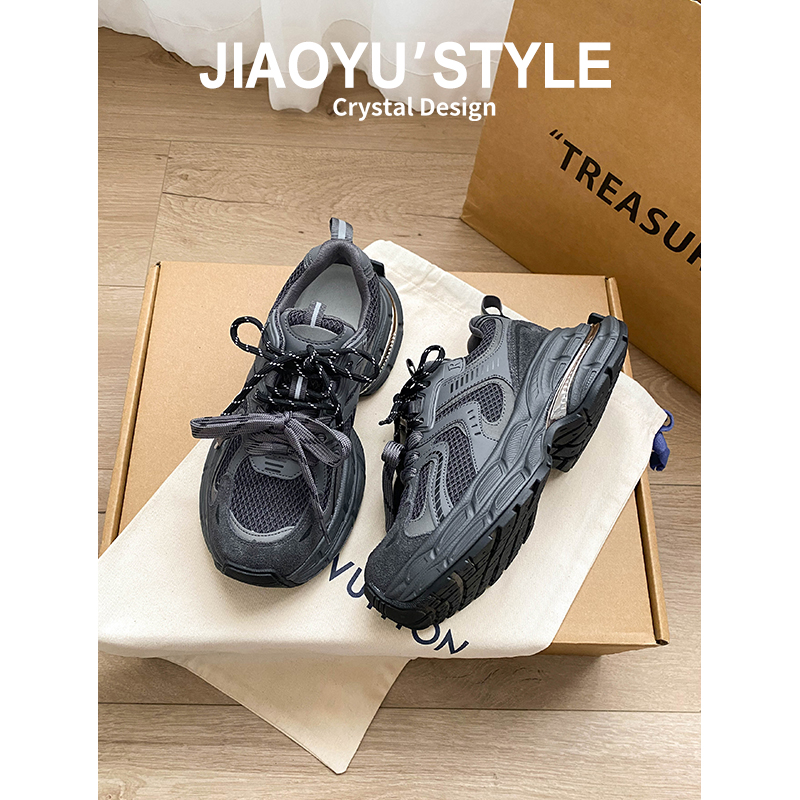 真皮~骄屿灰色厚底老爹鞋2025秋冬新款增高双鞋带跑步休闲运动鞋主图