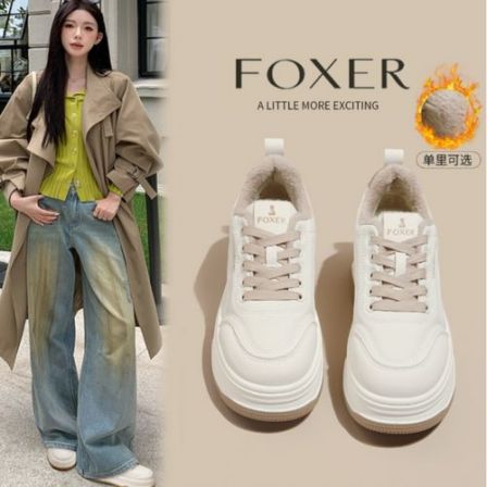 【FOXER】秋冬新款时尚百搭增高小白鞋厚底休闲板鞋加绒保暖女鞋